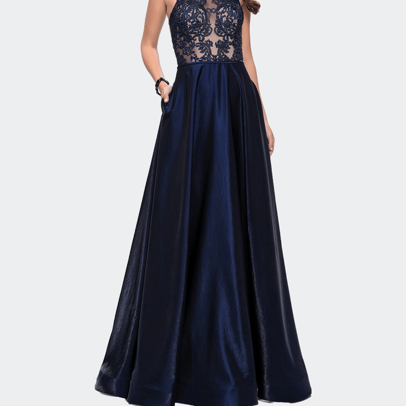 La Femme Long Prom Dress With Satin A-line Skirt And Beading In Blue