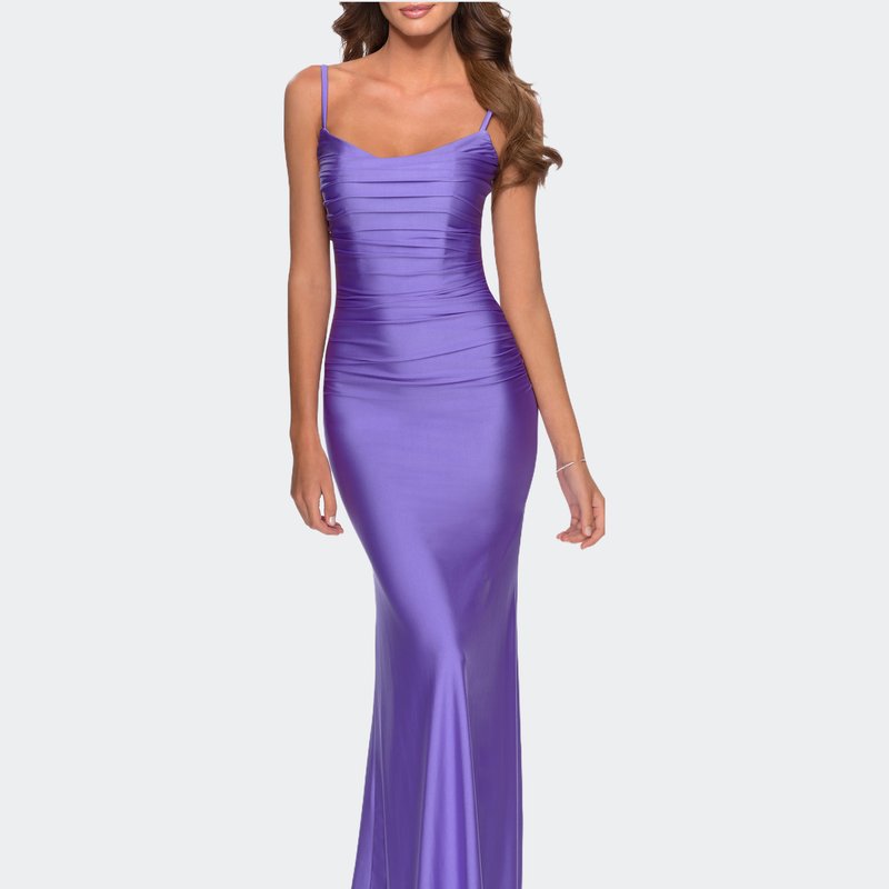 La Femme Long Ruched Jersey Dress With Thin Straps In Purple