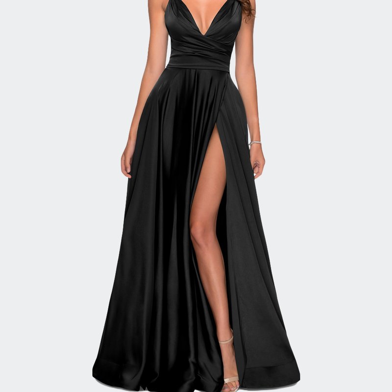 La Femme Long Satin Dress With Side Slit And V Shaped Back In Black