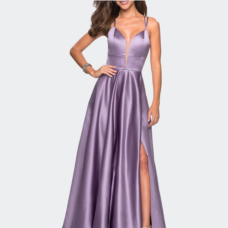 Shop La Femme Long Satin Formal Gown With Leg Slit And Strappy Back In Purple