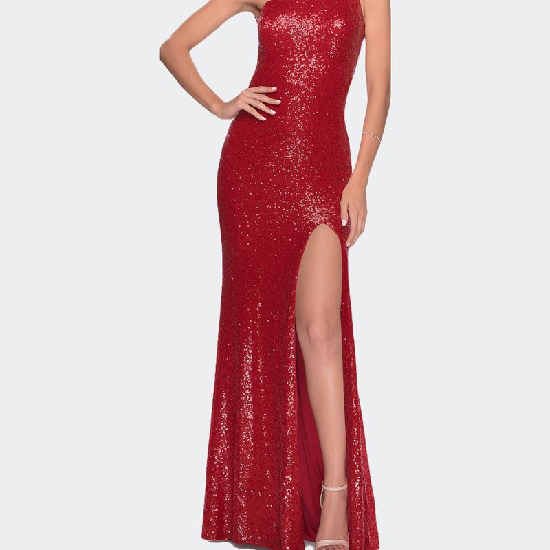 La Femme Long Sequin Off The Shoulder Prom Dress With Slit In Red