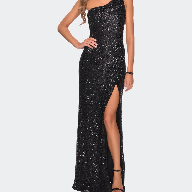 Shop La Femme Long Sequin One Shoulder Ruched Prom Dress In Black