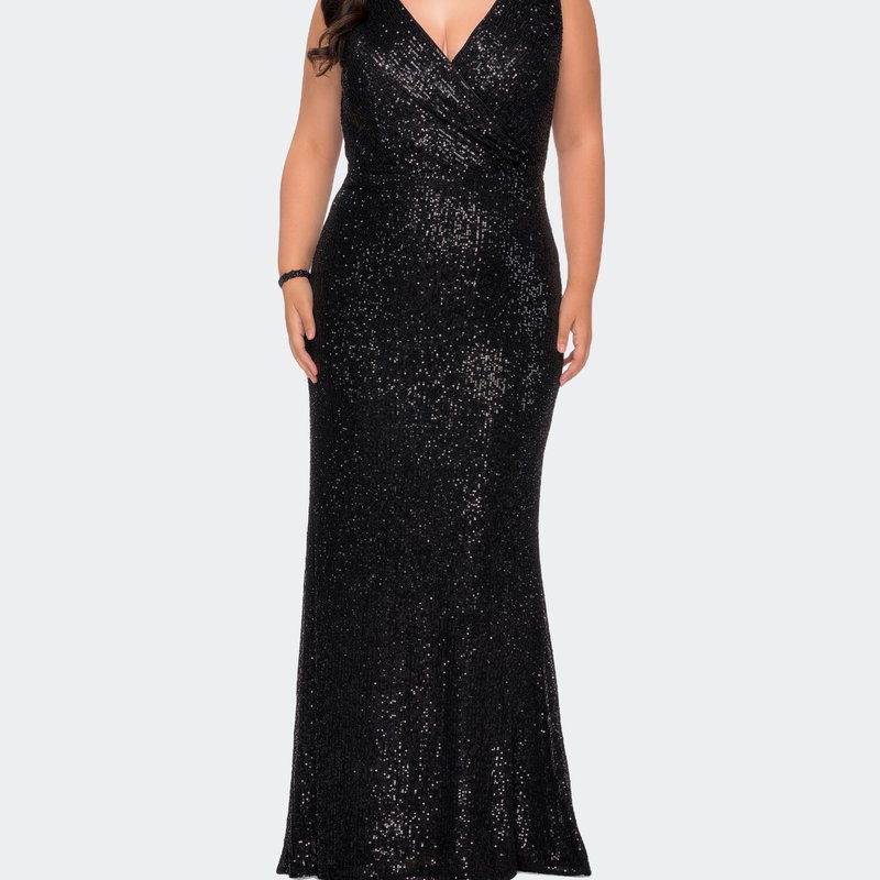 Shop La Femme Long Sequin Plus Size Gown With V-neck In Black
