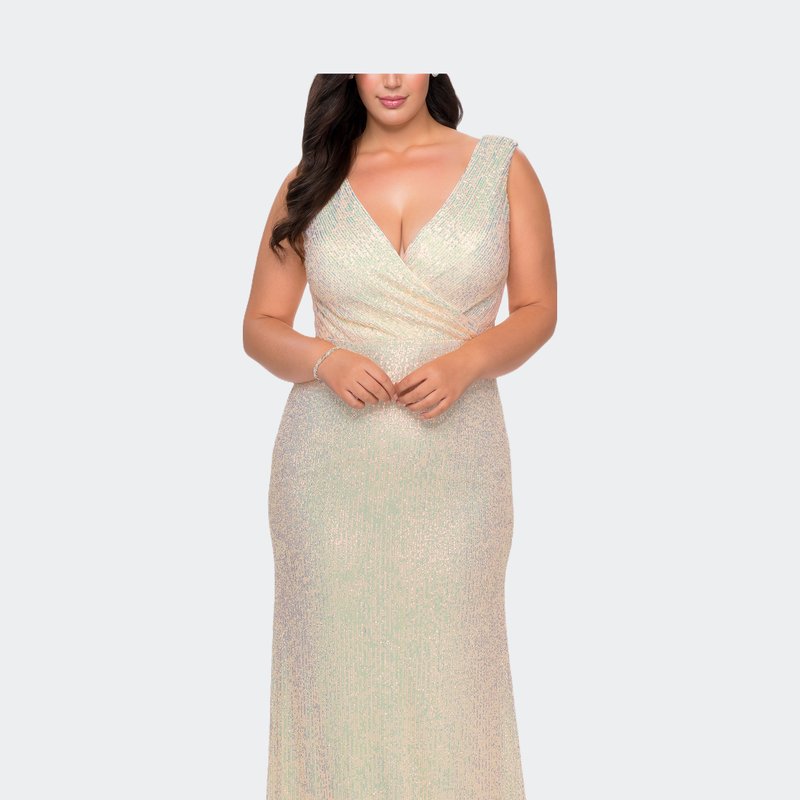 La Femme Long Sequin Plus Size Gown With V-neck In Champagne