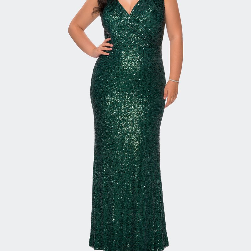 Shop La Femme Long Sequin Plus Size Gown With V-neck In Green