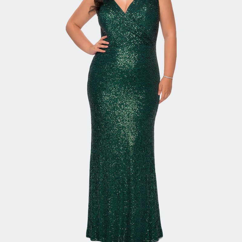 La Femme Long Sequin Plus Size Gown With V-neck In Dark Emerald