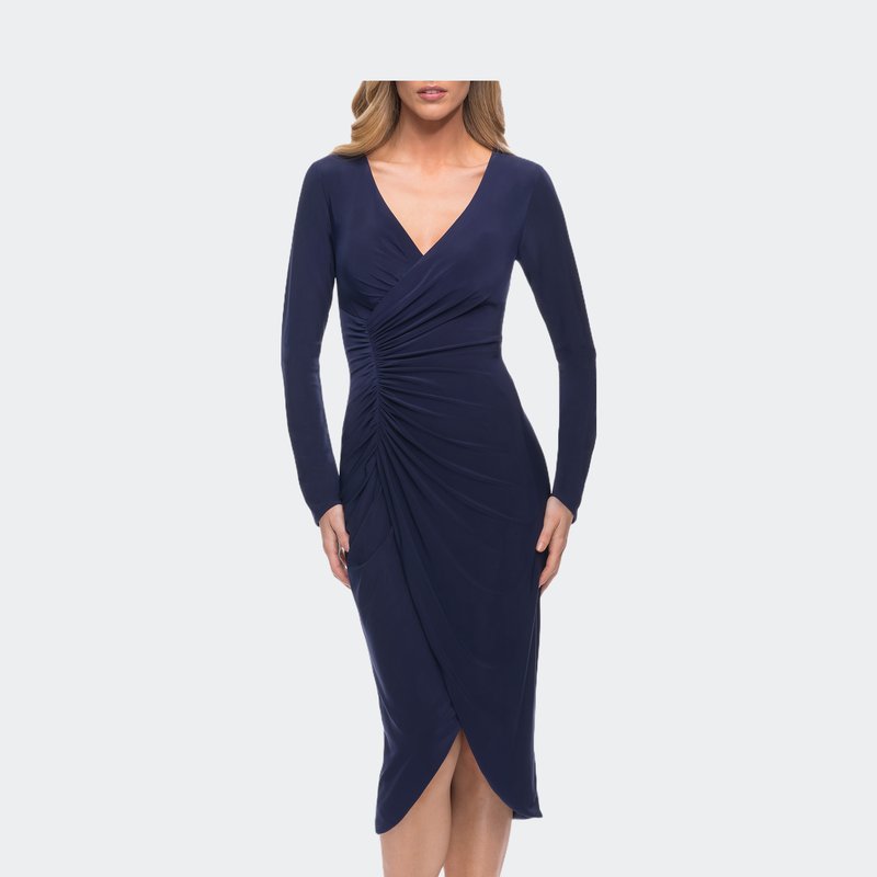 La Femme Long Sleeve Knee Length Dress With Wrap Style Skirt In Blue