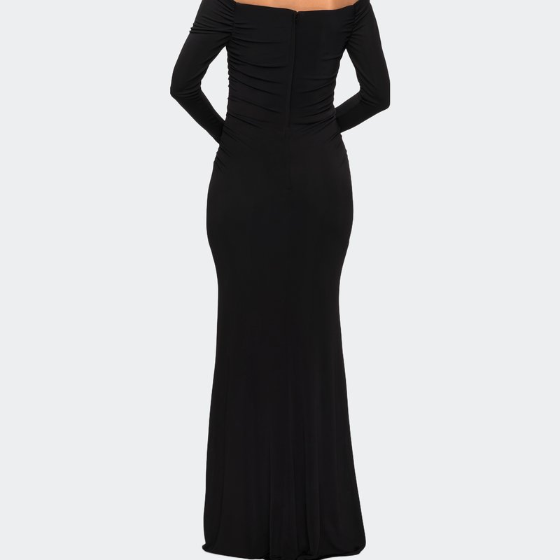 Shop La Femme Long Sleeve Off The Shoulder Jersey Evening Gown In Black
