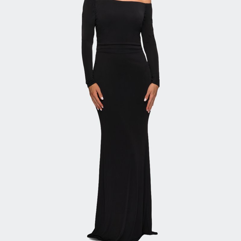 Shop La Femme Long Sleeve Off The Shoulder Jersey Evening Gown In Black