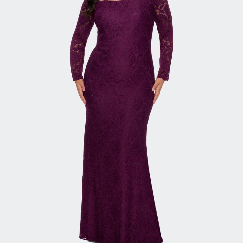 La Femme Long Sleeve Off The Shoulder Lace Dress In Purple