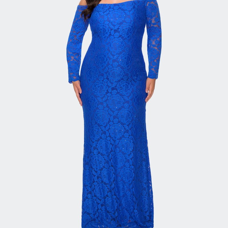 La Femme Long Sleeve Off The Shoulder Lace Dress In Blue
