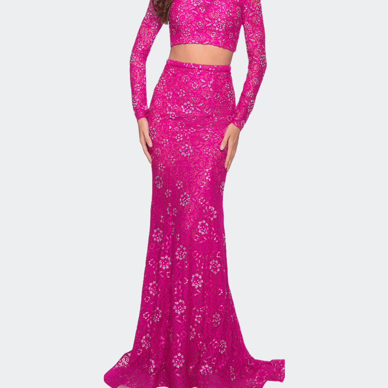 La Femme Long Sleeve Two Piece Lace Dress With Open Back In Fuchsia