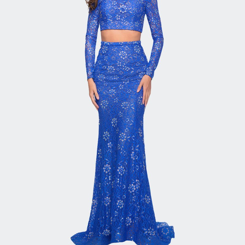 La Femme Long Sleeve Two Piece Lace Dress With Open Back In Blue