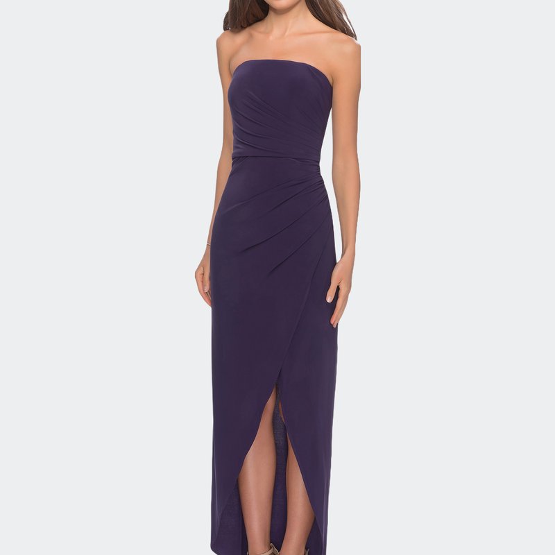 La Femme Long Strapless Jersey Dress With Side Ruching In Dark Purple