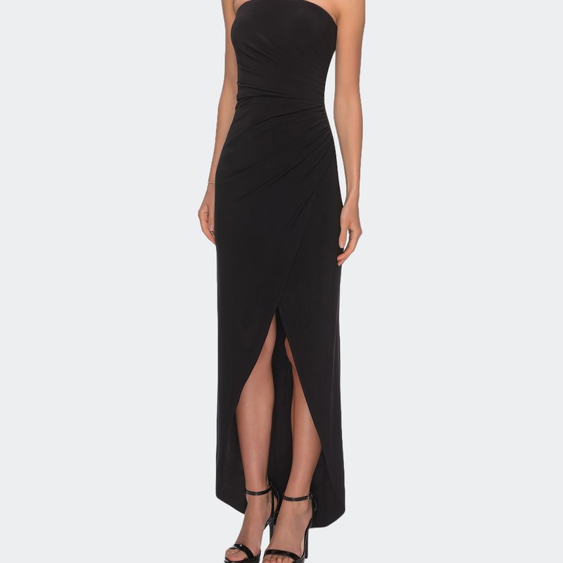 La Femme Long Strapless Jersey Dress With Side Ruching In Black