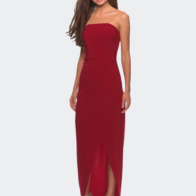 Shop La Femme Long Strapless Jersey Dress With Side Ruching In Red