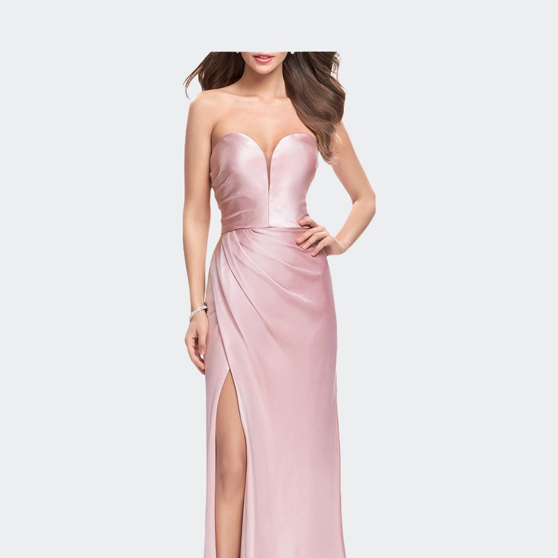 La Femme Long Strapless Satin Prom Dress With Side Ruching In Pink