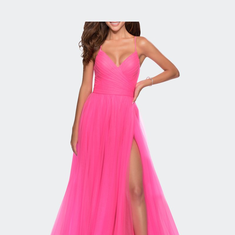 La Femme Long Tulle A-line Gown With Side Slit And Pockets In Pink