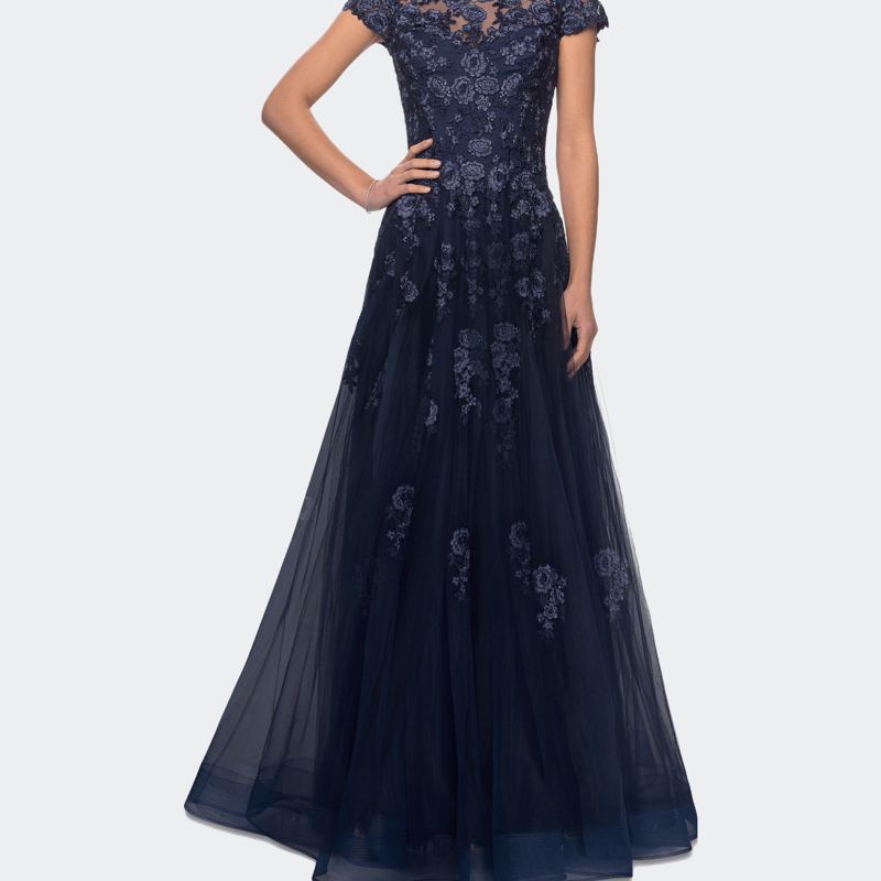 La Femme Long Tulle Gown With Intricate Lace Detailing In Navy