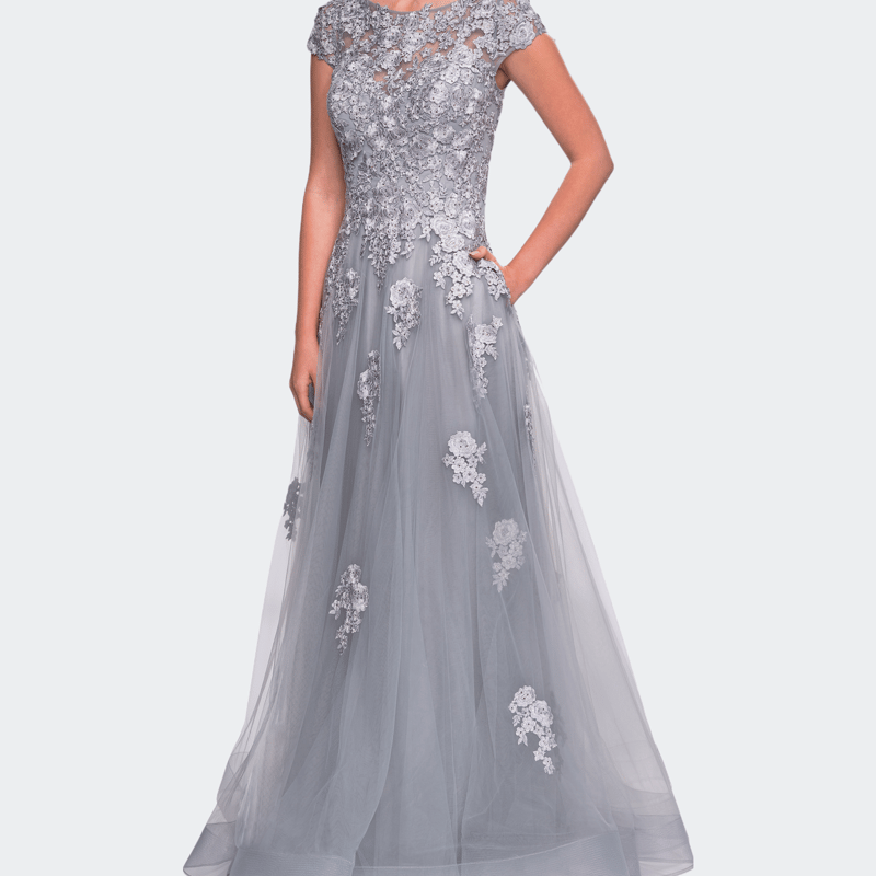 Shop La Femme Long Tulle Gown With Intricate Lace Detailing In Grey