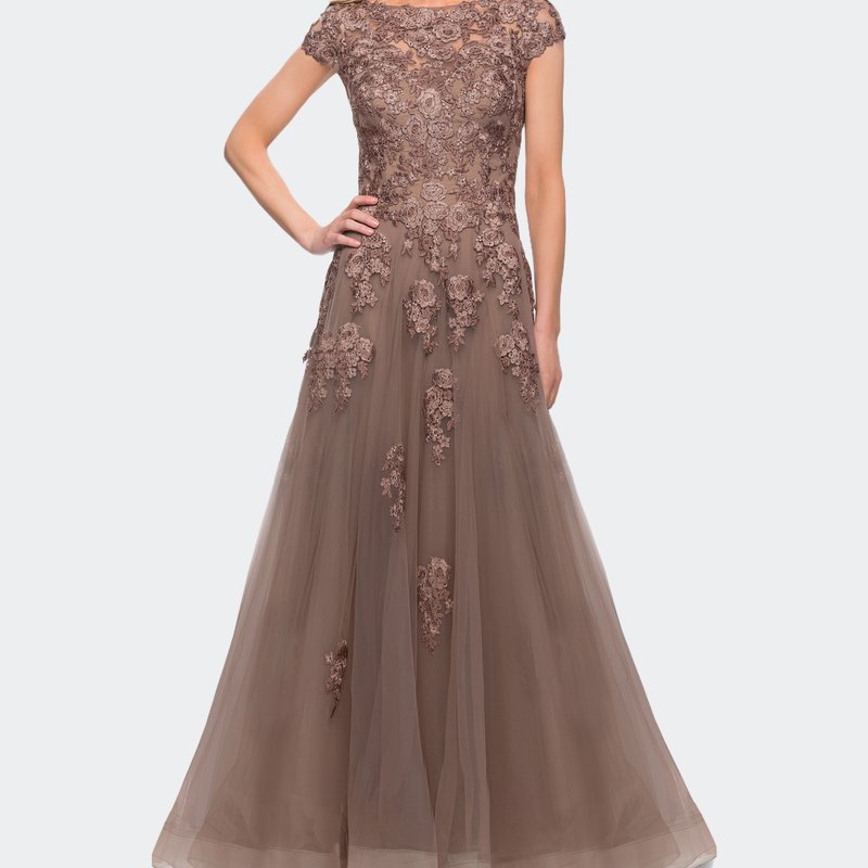 Shop La Femme Long Tulle Gown With Intricate Lace Detailing In Brown