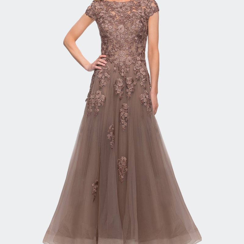 La Femme Long Tulle Gown With Intricate Lace Detailing In Cocoa