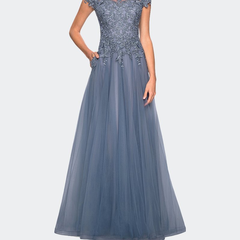 La Femme Long Tulle Gown With Lace Bodice And Pockets In Blue