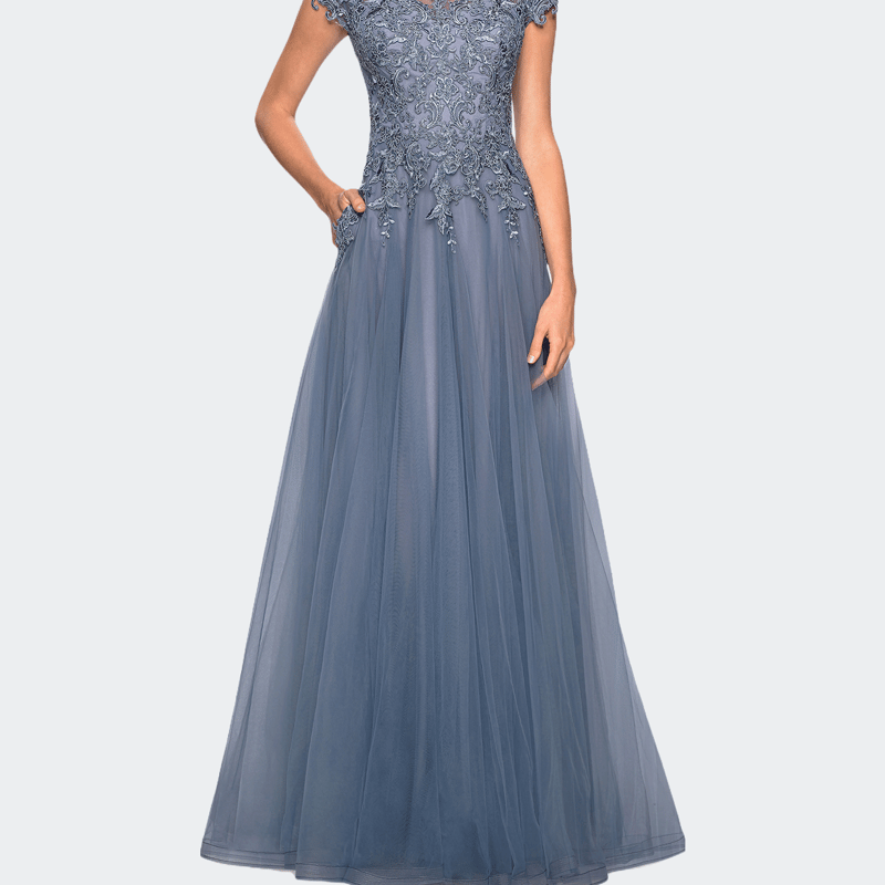 La Femme Long Tulle Gown With Lace Bodice And Pockets In Blue