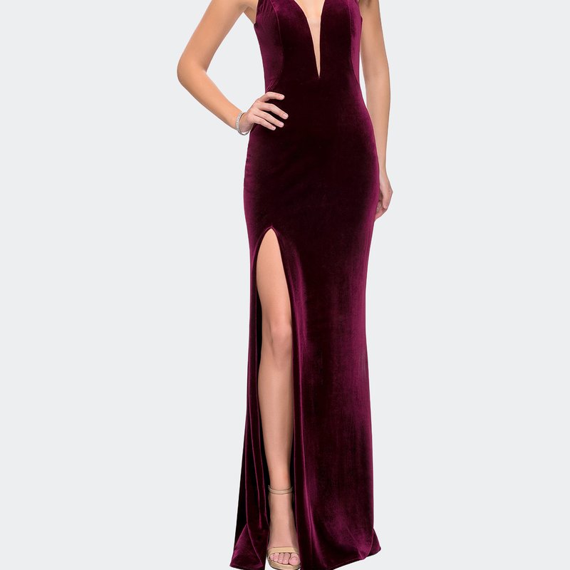 La Femme Long Velvet Prom Dress With Deep V And Side Leg Slit In Red