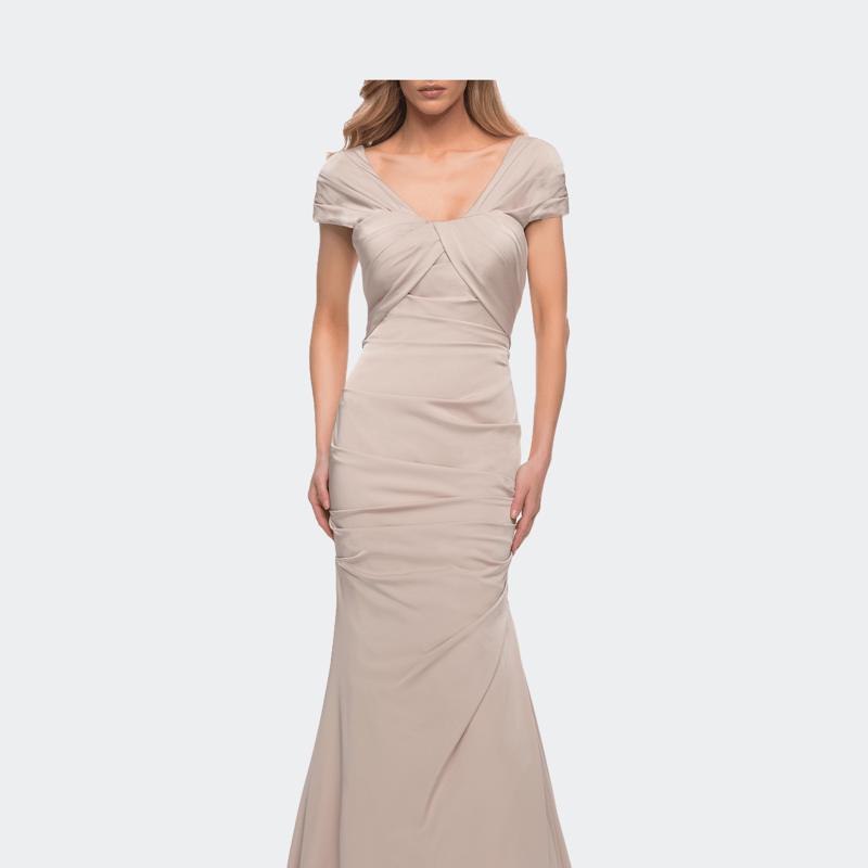 La Femme Lovely Ruched Mermaid Satin Gown With Unique Neckline In Nude