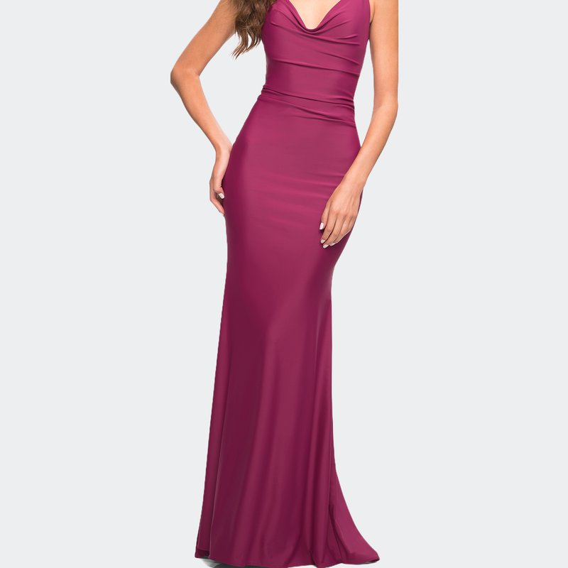 La Femme Luxe Simple Jersey Gown With Draped Neckline In Berry