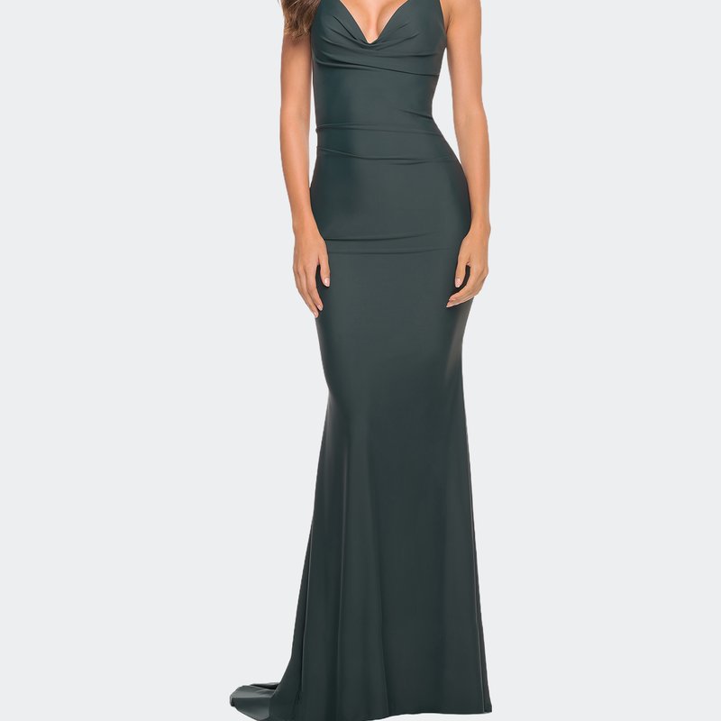 Shop La Femme Luxe Simple Jersey Gown With Draped Neckline In Green