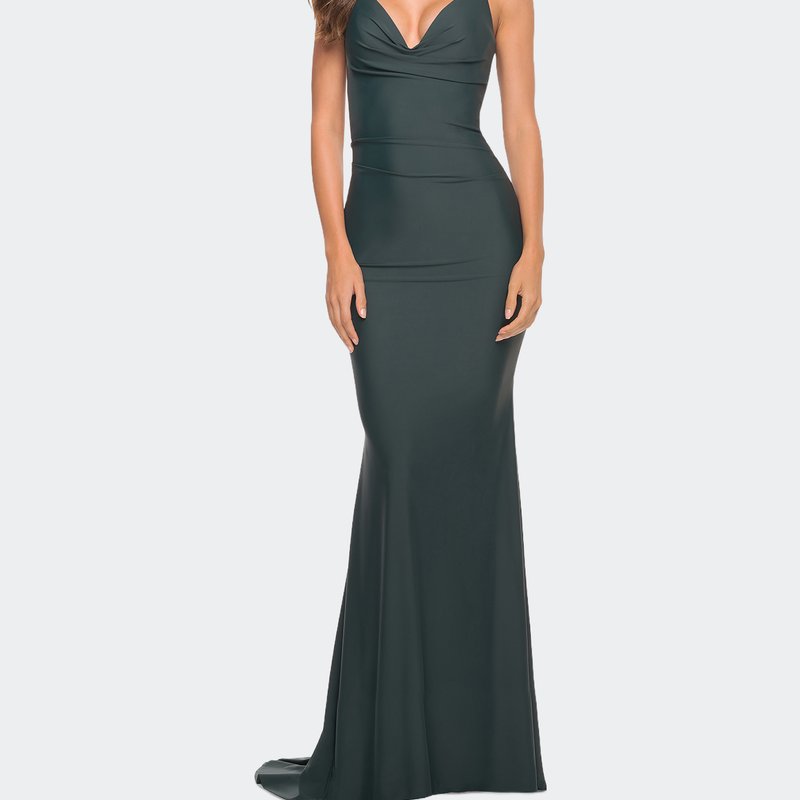La Femme Luxe Simple Jersey Gown With Draped Neckline In Green