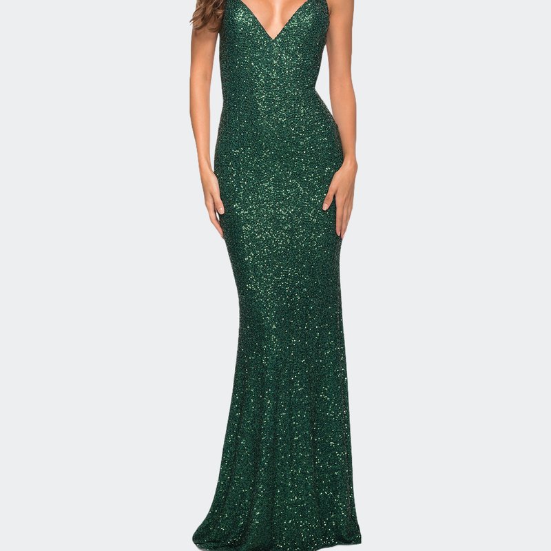 La Femme Luxurious Soft Sequin Dress With V Neckline In Emerald