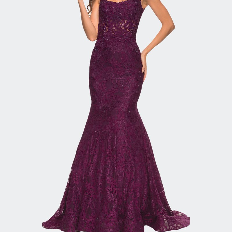 La Femme Mermaid Lace Gown With Sheer Bodice And Open Back In Dark Berry