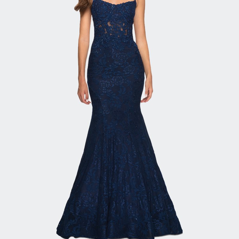 Shop La Femme Mermaid Lace Gown With Sheer Bodice And Open Back In Blue