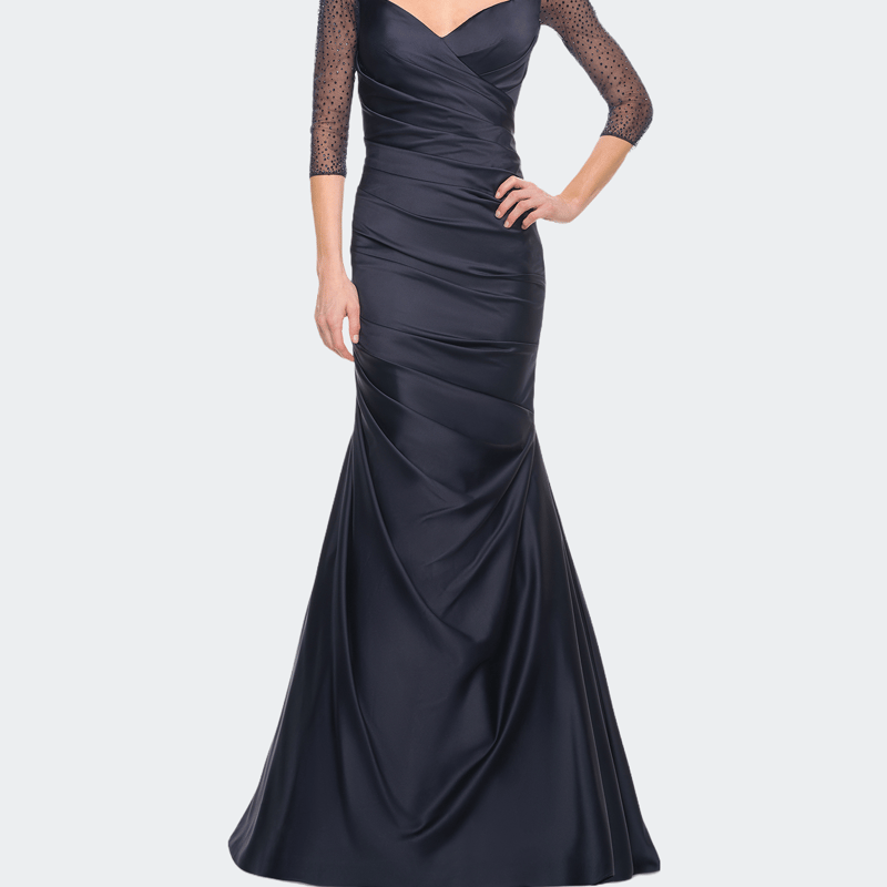 Shop La Femme Mermaid Satin Pleated Gown With Illusion Beaded Sleeves In Blue