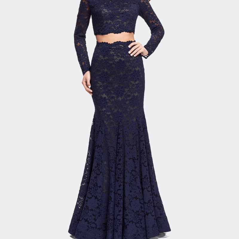 La Femme Mermaid Style Lace Two Piece Dress With Scalloped Trim In Blue