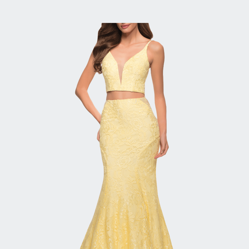 La Femme Mermaid Two Piece Gown With Deep V And Rhinestones In Yellow