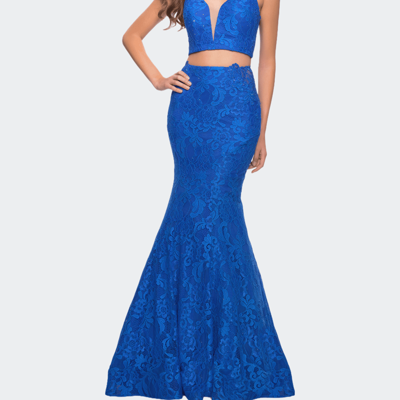 La Femme Mermaid Two Piece Gown With Deep V And Rhinestones In Blue