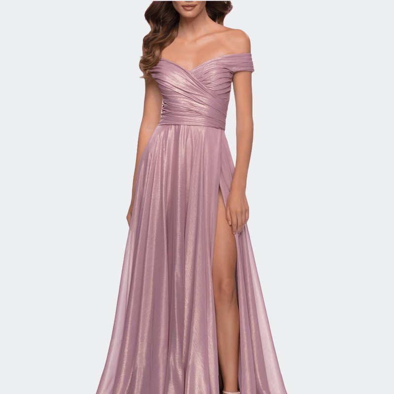 La Femme Metallic Chiffon Gown With Off The Shoulder Top In Pink Metallic