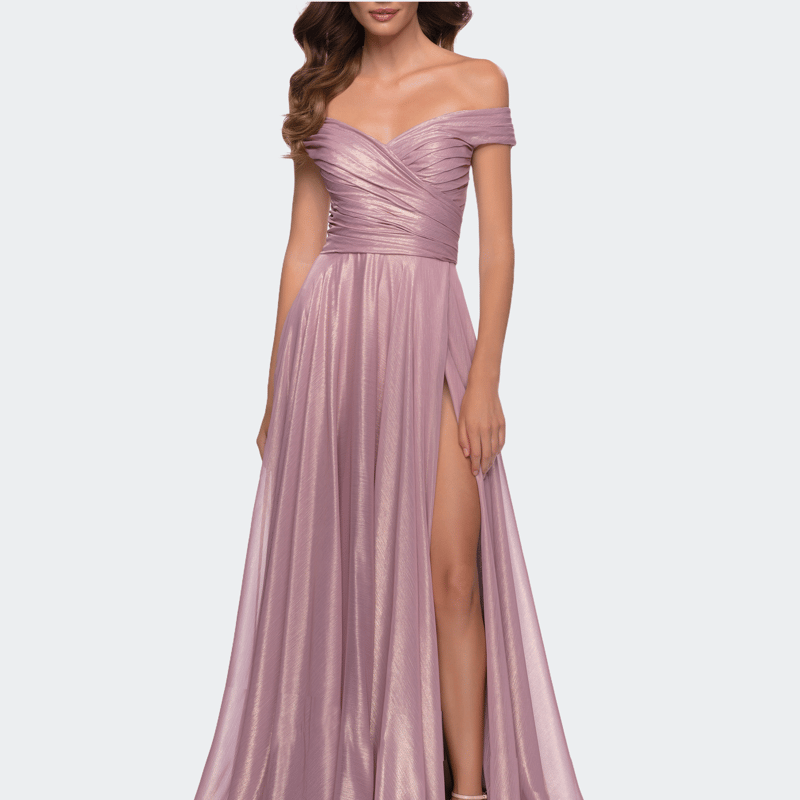 LA FEMME METALLIC CHIFFON GOWN WITH OFF THE SHOULDER TOP