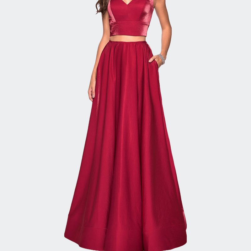 La Femme Metallic Satin Two Piece Gown With Pockets In Red