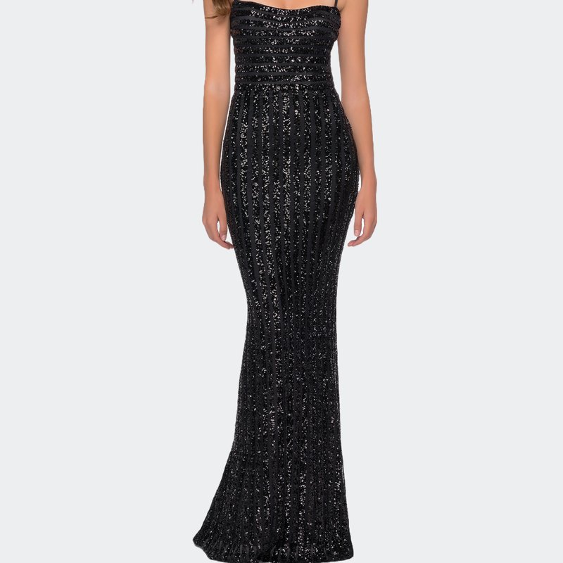 La Femme Modern Gown With Thick Line Sequin Fabric In Black