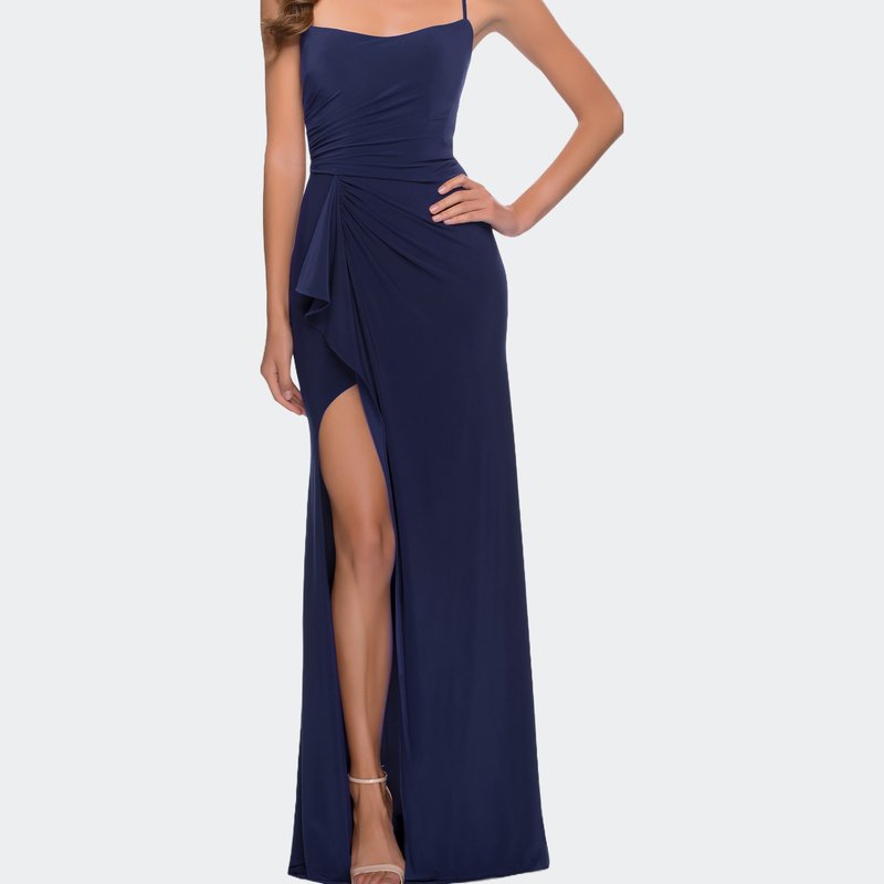 La Femme Modern Jersey Dress With Ruffle Detail On Skirt In Blue