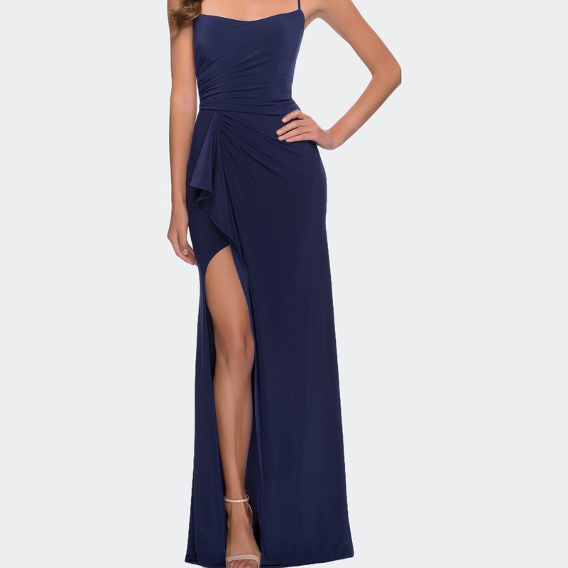 La Femme Modern Jersey Dress With Ruffle Detail On Skirt In Blue