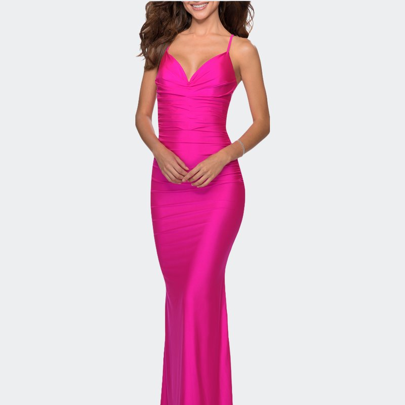 Shop La Femme Neon Dress With Ruching And Strappy Back In Pink