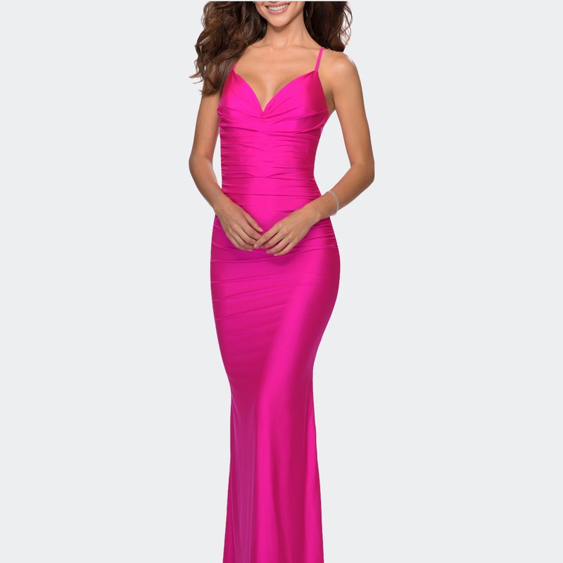 La Femme Neon Dress With Ruching And Strappy Back In Neon Pink