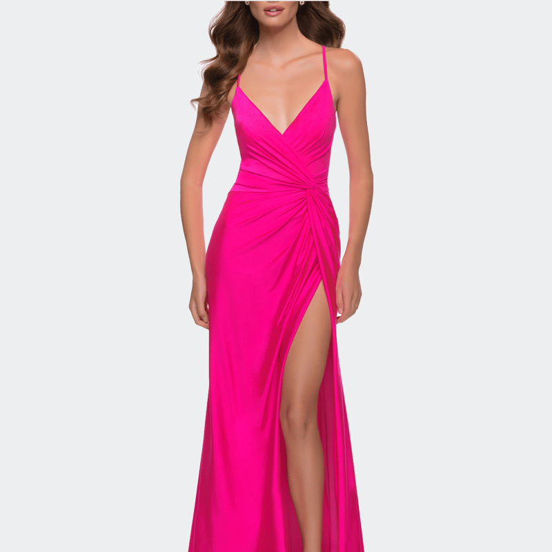 La Femme Neon Pink Jersey Gown With Knot Waist And Lace Up Back