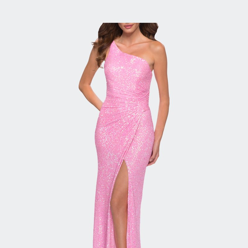 La Femme Neon Pink One Shoulder Sequin Dress With Open Back